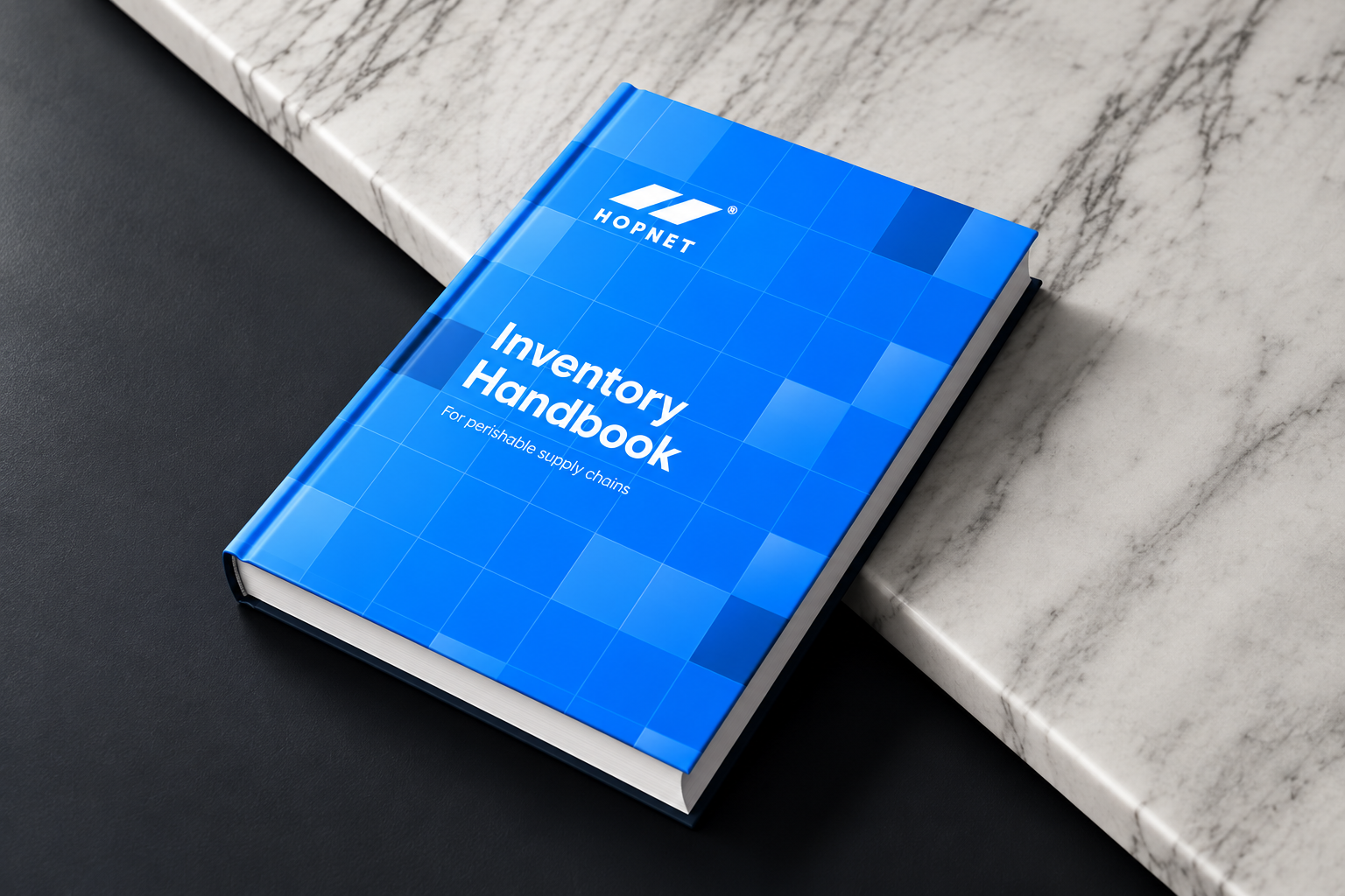 Hopnet Inventory Handbook, a blue hardcover book on a marble ledge
